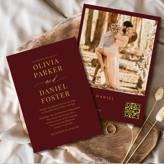 Convites Casamento Elegante de Código QR Dourado Burgundy (Criador carregado)