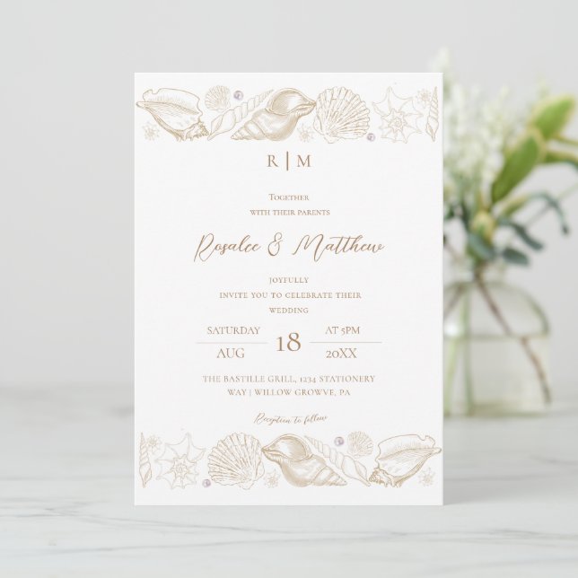 Convites Casamento Elegante de Conchas de Praia em Branco e (Em pé/Frente)