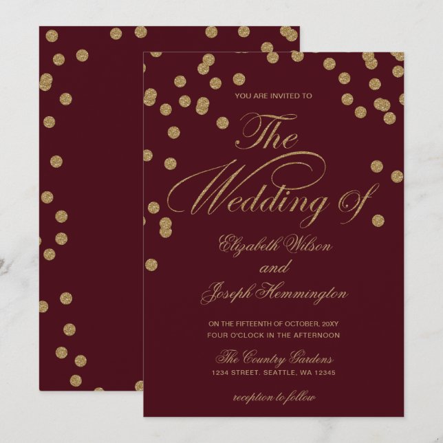 Convites Casamento Elegante de Confetti Confetti Dourado Bu (Frente/Verso)