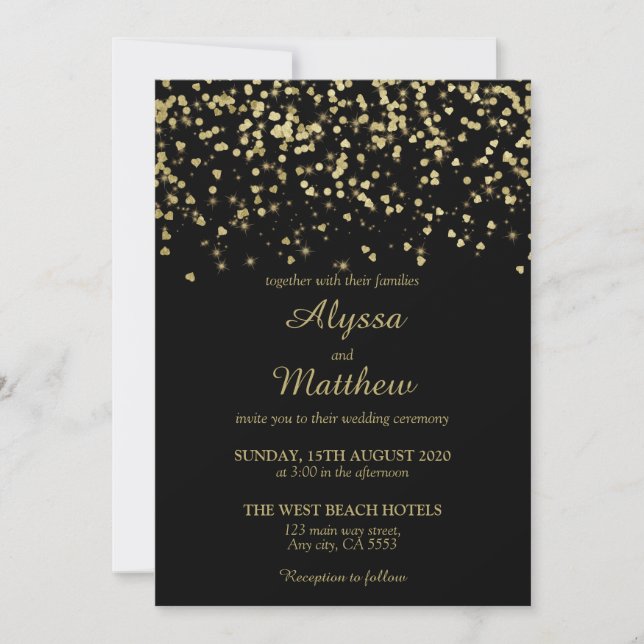 Convites Casamento Elegante de Confetti de Luxo Negro e Dou (Frente)