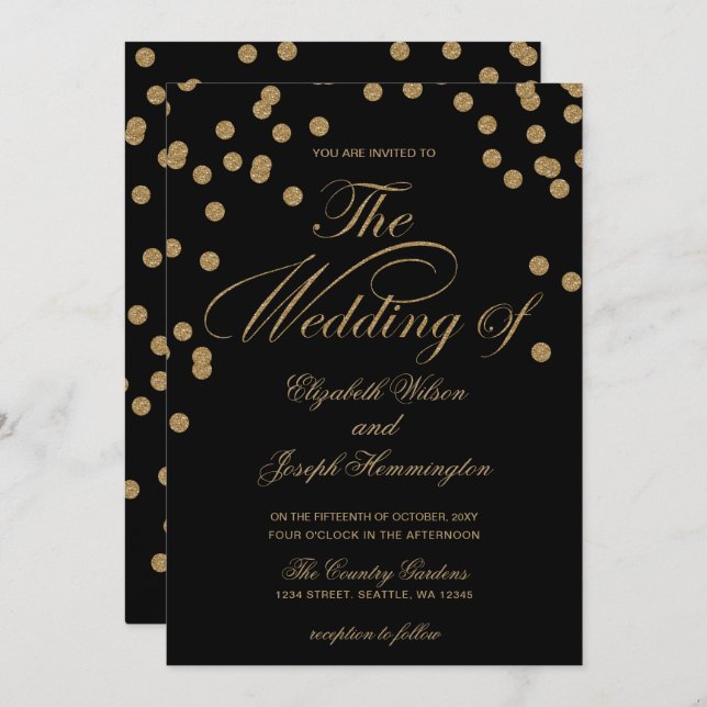 Convites Casamento Elegante de Confetti Dourado Negro (Frente/Verso)