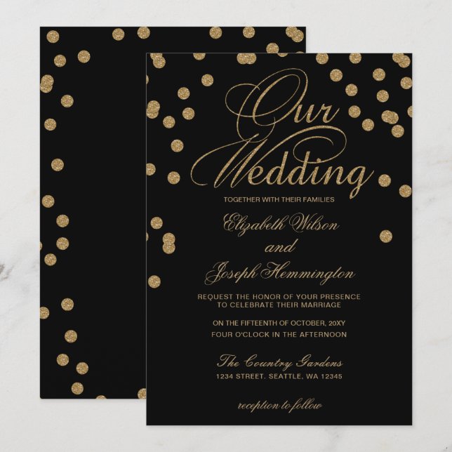 Convites Casamento Elegante de Confetti Dourado Negro (Frente/Verso)