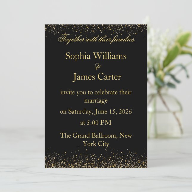Convites Casamento Elegante de Confetti Preto e Dourado (Em pé/Frente)