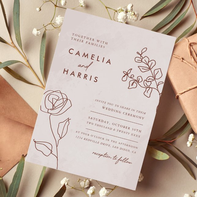 Convites Casamento Elegante de Desenho Floral Moderno Minim (Criador carregado)