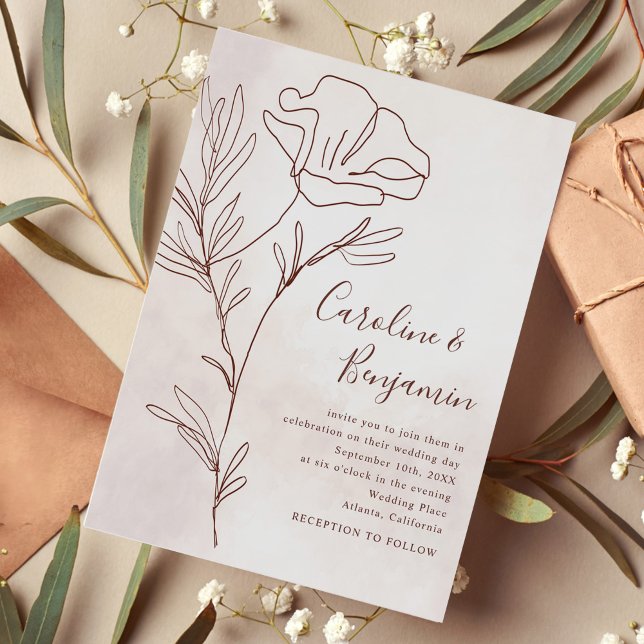 Convites Casamento Elegante de Desenho Floral Moderno Minim (Criador carregado)