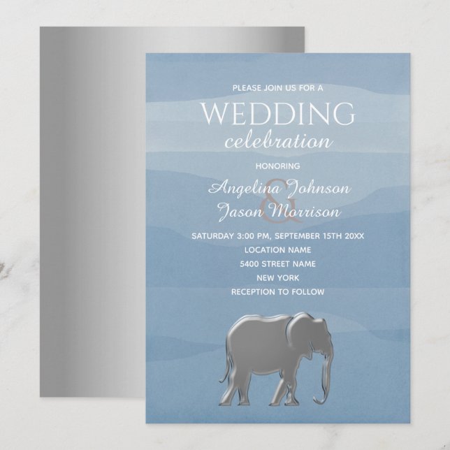 Convites Casamento Elegante de Elefante Azul de Prata (Frente/Verso)