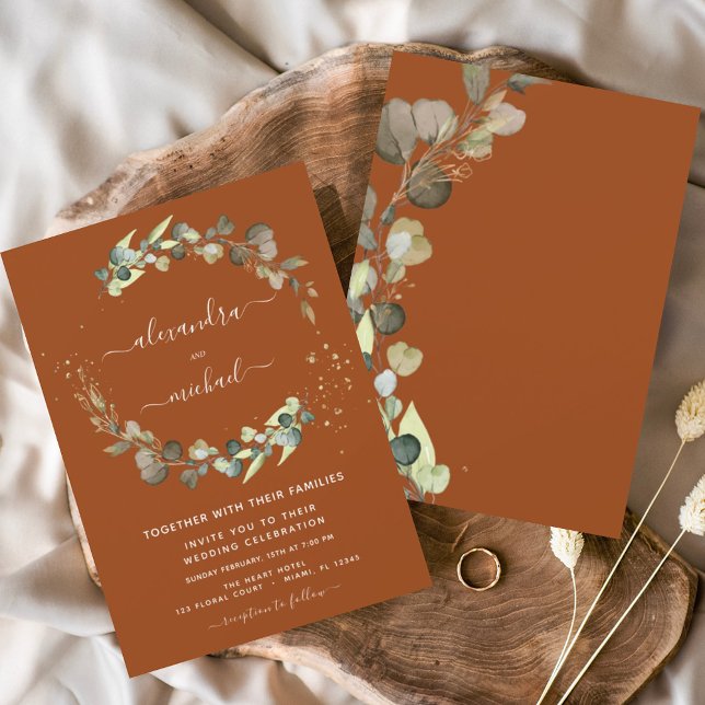 Convites Casamento Elegante de Eucalyptus Laranja Queimado (Criador carregado)