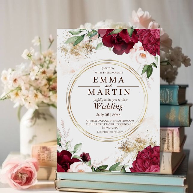 Convites Casamento Elegante de Flor de Rosas Dourados Verme (Criador carregado)