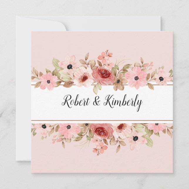 Convites Casamento Elegante de Flor Rosa ELLE (Frente)