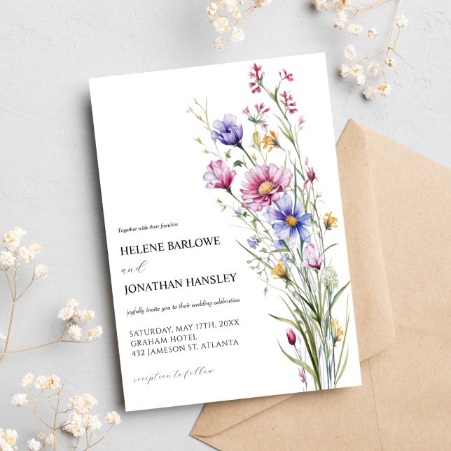 Convites Casamento Elegante De Flor Selvagem Por Aquarelas (Watercolor Whimsical Wildflower Elegant Wedding Invitation)