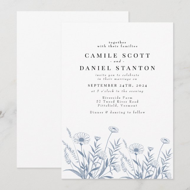 Convites Casamento Elegante de Flor Silvestre Periwinkle (Frente/Verso)