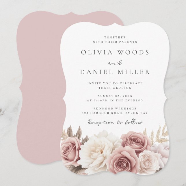 Convites Casamento Elegante de Flores Blush e White (Frente/Verso)