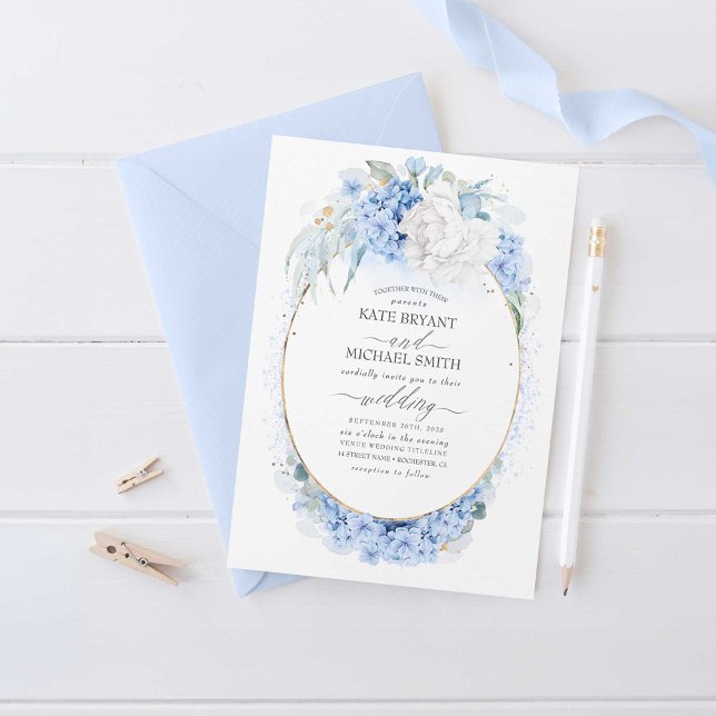 Convites Casamento Elegante de Flores Brancas e Azuis (Dusty Blue Wedding Invitation)