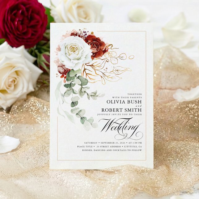 Convites Casamento Elegante de Flores Brancas Vermelhas e B (Burgundy Red and White Botanical Flowers Chic Wedding Invitation)