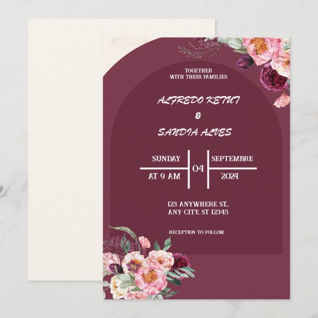 Convites Casamento elegante de Flores de Burgundy Crimson (Frente/Verso)