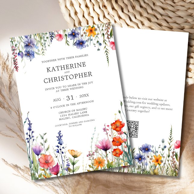 Convites Casamento Elegante de Flores Selvagens Coloridas (Colorful Wildflowers Elegant Wedding Invitation with Orange, Pink, Blue, Red Watercolor Flowers, QR)