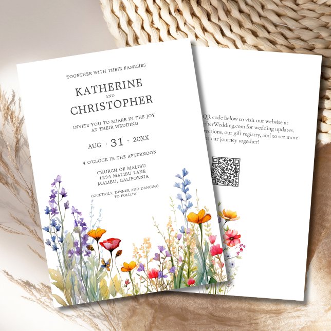 Convites Casamento Elegante de Flores Selvagens Coloridas (Colorful Wildflowers Elegant Wedding Invitation with QR Code, Orange, Red, Purple Watercolor Flowers)