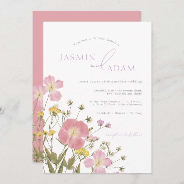 Convites Casamento Elegante De Flores Selvagens Rosa (Frente/Verso)