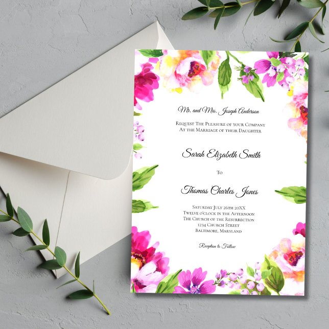 Convites Casamento Elegante de Floresta Floral Verde Rosa B (Pink Green Watercolor Floral Traditional Formal Wedding Invitation. Elegant Church Wedding)