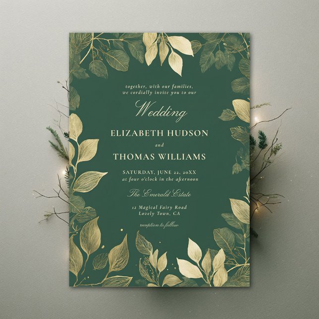 Convites Casamento Elegante de Folhagem Dourada da Floresta (enchanted forest wedding invitation gold foliage emerald green magical bespoke dark moody)