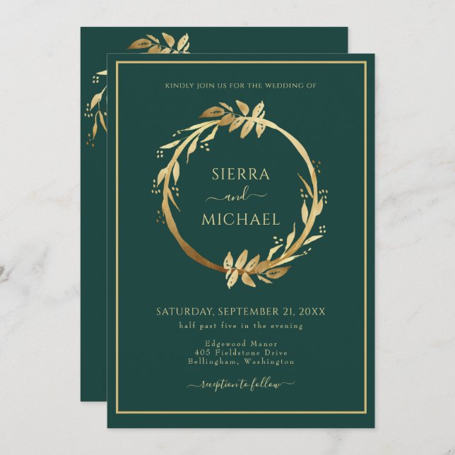 Convites Casamento Elegante de Foliage Emerald Green do Our (Frente/Verso)