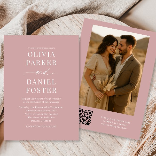 Convites Casamento Elegante de Fotos com Código QR Dusty Ro (Criador carregado)