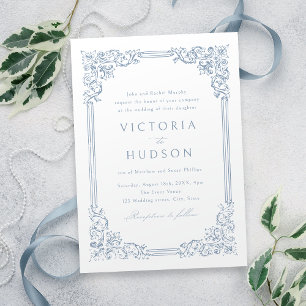 Convites Casamento Elegante de Frame de Vintagem Azul Dusty