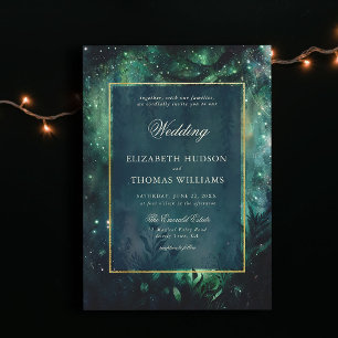 Convites Casamento Elegante de Frame Dourado da Floresta En