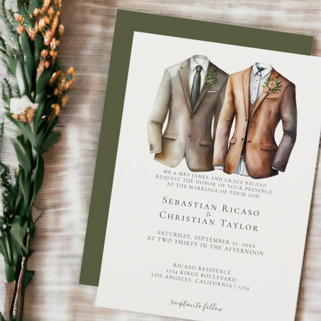 Convites Casamento Elegante de Gay Dois Nascentes em Traços (Elegant Gay Wedding Two Grooms in Suits Invitations from Ricaso)
