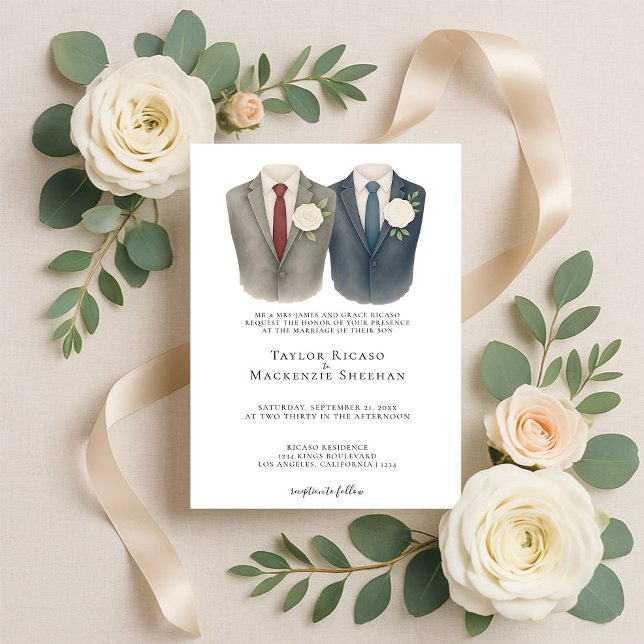 Convites Casamento Elegante de Gay Dois Nascentes em Traços (Elegant Gay Wedding Two Grooms in Suits Invitation by Ricaso. Stunning same sex wedding invite)