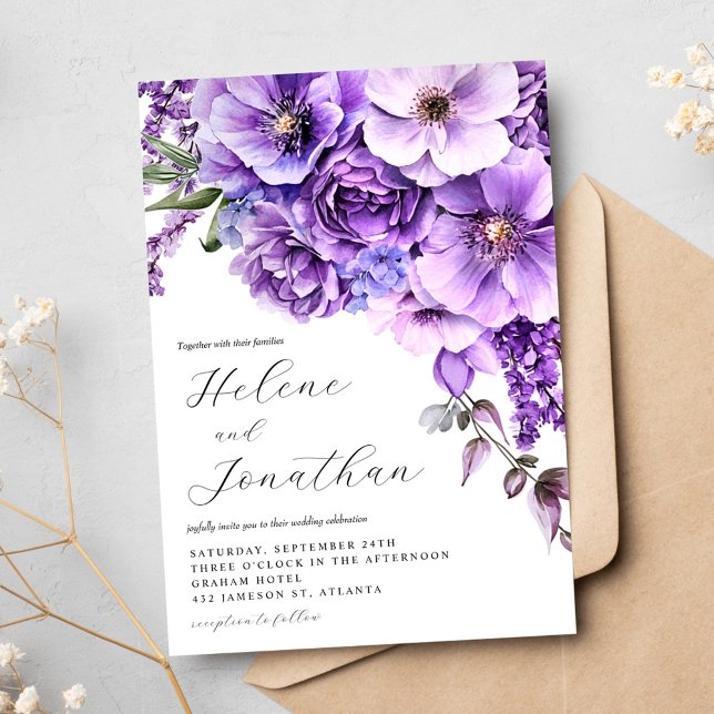 Convites Casamento Elegante de Jardim de Aquarela de Lavand (Purple Lavender Watercolor Garden Elegant Wedding Invitation)