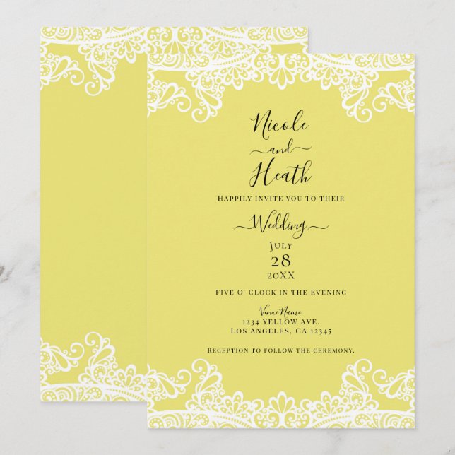 Convites Casamento Elegante de Lace Amarelo e Branco (Frente/Verso)