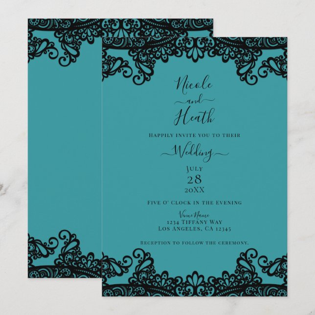 Convites Casamento Elegante de Lace Azul Teal Verde e Preto (Frente/Verso)