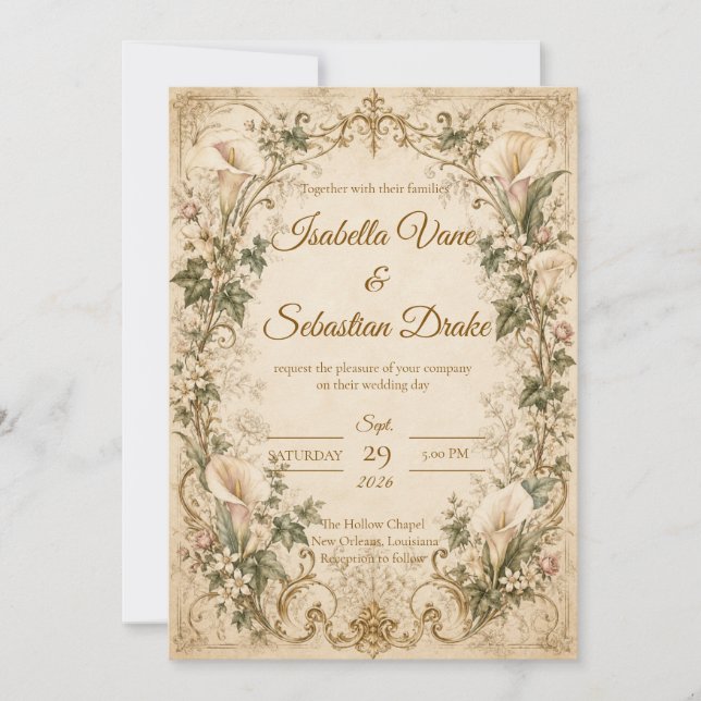 Convites Casamento Elegante de Lírio Calla Vintage (Frente)