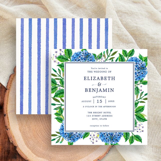 Convites Casamento Elegante de Listras Modernas com Hortêns (Front / Back)