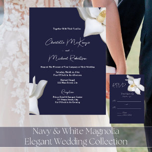 Convites Casamento Elegante de Magnólia Azul-Marinho e Bran