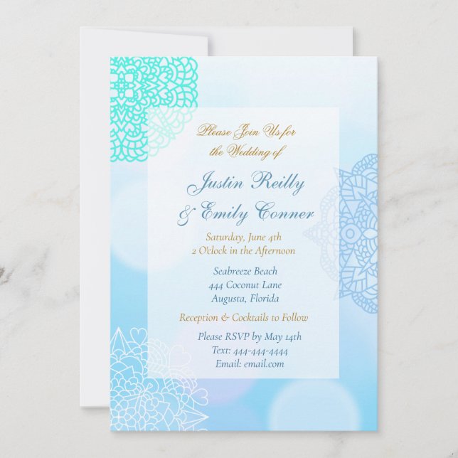 Convites Casamento elegante de Mandala Azul, Teal e Branco (Frente)
