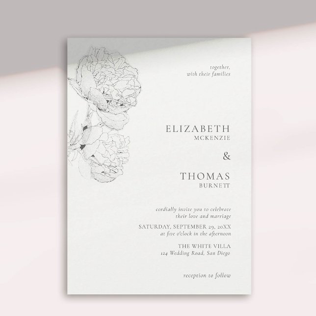 Convites Casamento elegante de marfim-branco de-marfim-pint (peony wedding invitation large blooms ink sketch ivory white formal elegant modern classic)