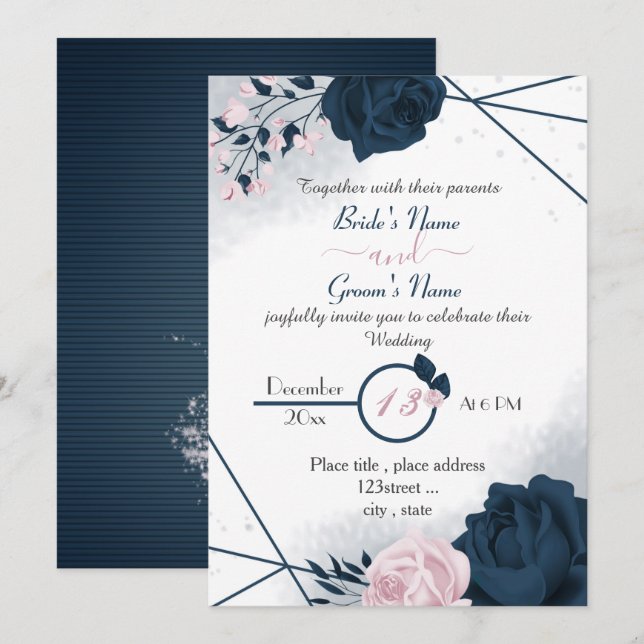 Convites casamento elegante de marinho azul e flores cor-de (Frente/Verso)