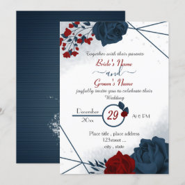 Convites casamento elegante de marinho azul e flores vermel