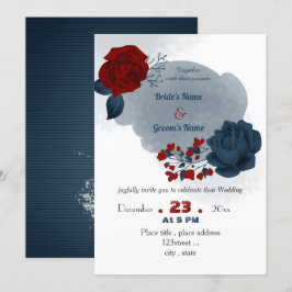 Convites casamento elegante de marinho azul e flores vermel