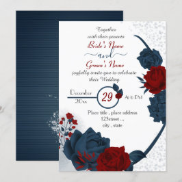Convites casamento elegante de marinho azul e flores vermel