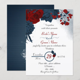 Convites casamento elegante de marinho azul e flores vermel