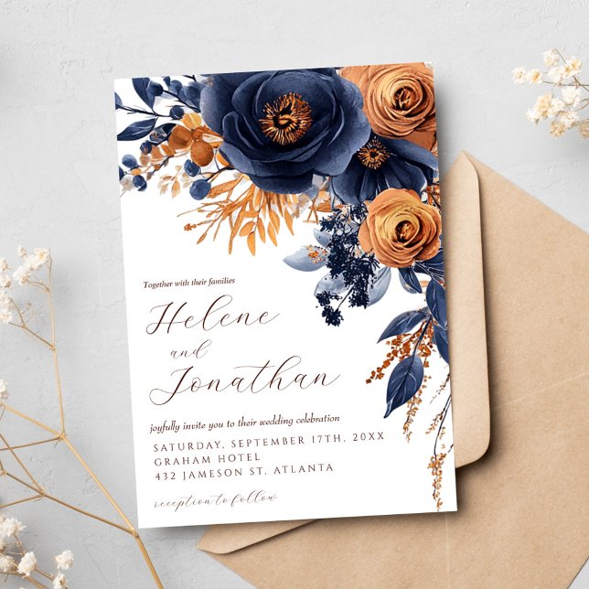 Convites Casamento Elegante De marinho Azul Terracotta Wate (Navy Blue Terracotta Watercolor Elegant Wedding Invitation)