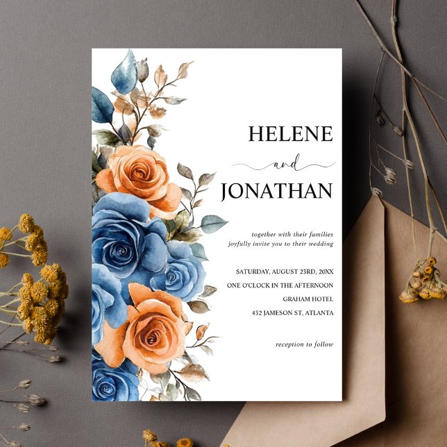 Convites Casamento Elegante De marinho Azul Terracotta Wate (Navy Blue Terracotta Watercolor Elegant Wedding Invitation)