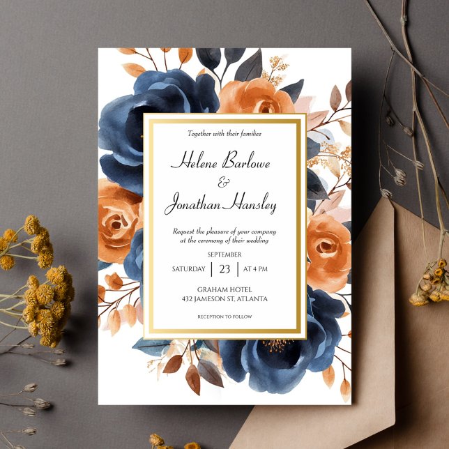 Convites Casamento Elegante De marinho Azul Terracotta Wate (Navy Blue Terracotta Watercolor Elegant Wedding Invitation)