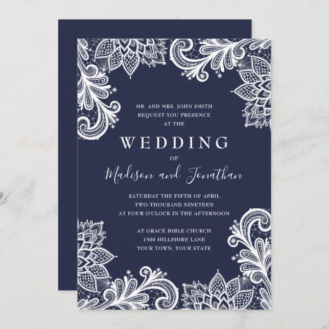 Convites Casamento Elegante de Marinho Lace Applique (Frente/Verso)