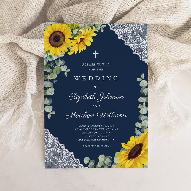 Convites Casamento Elegante de Marinho Religioso Blue Sunfl (Rustic Religious Navy Blue Sunflower Wedding Invitation)