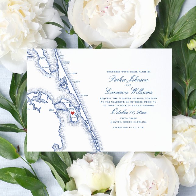 Convites Casamento Elegante de Marinhos de Mapa do Manteo N (Manteo North Carolina Wedding Invitation with elegant navy blue Outer Banks OBX map )