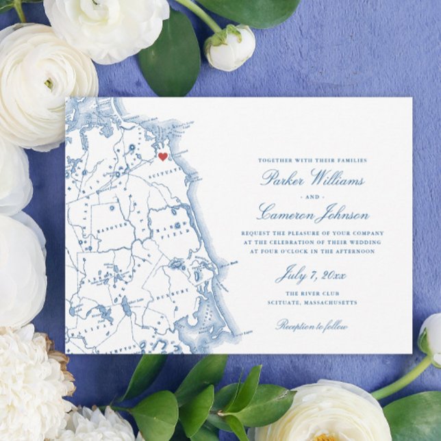 Convites Casamento Elegante de Marinhos do Mapa de Massachu (These Scituate Massachusetts wedding invitations are perfect for a South Shore destination wedding)